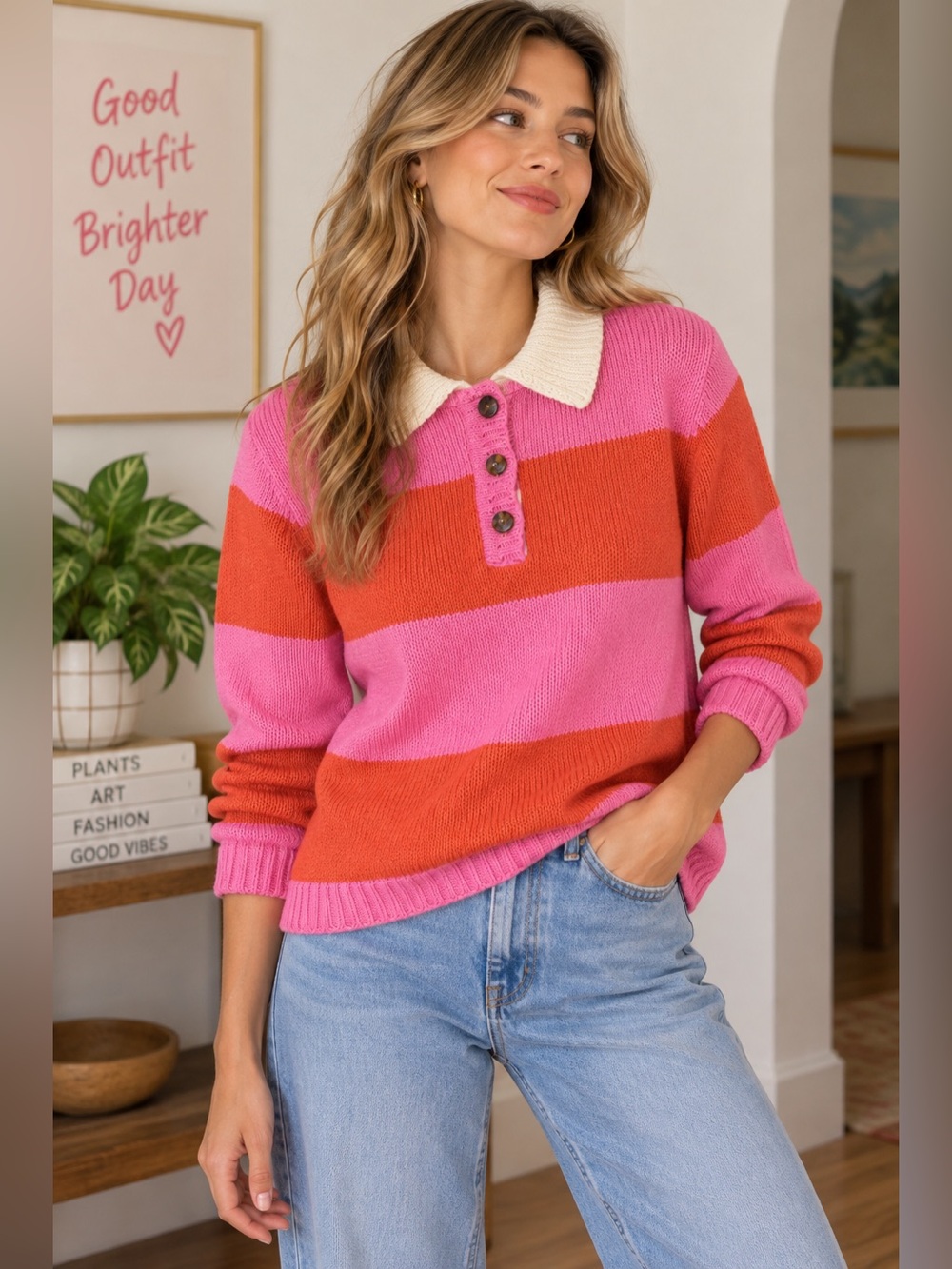 Olivaceous Pink Orange Striped Collared Sweater Large Retro Colorblock